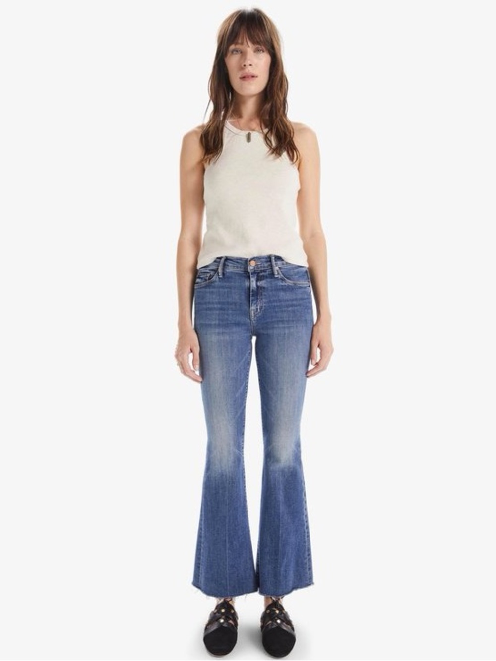 MOTHER The Weekender Fray Walking On Coals Stretch Jeans Raw Hem Mid Rise $258
